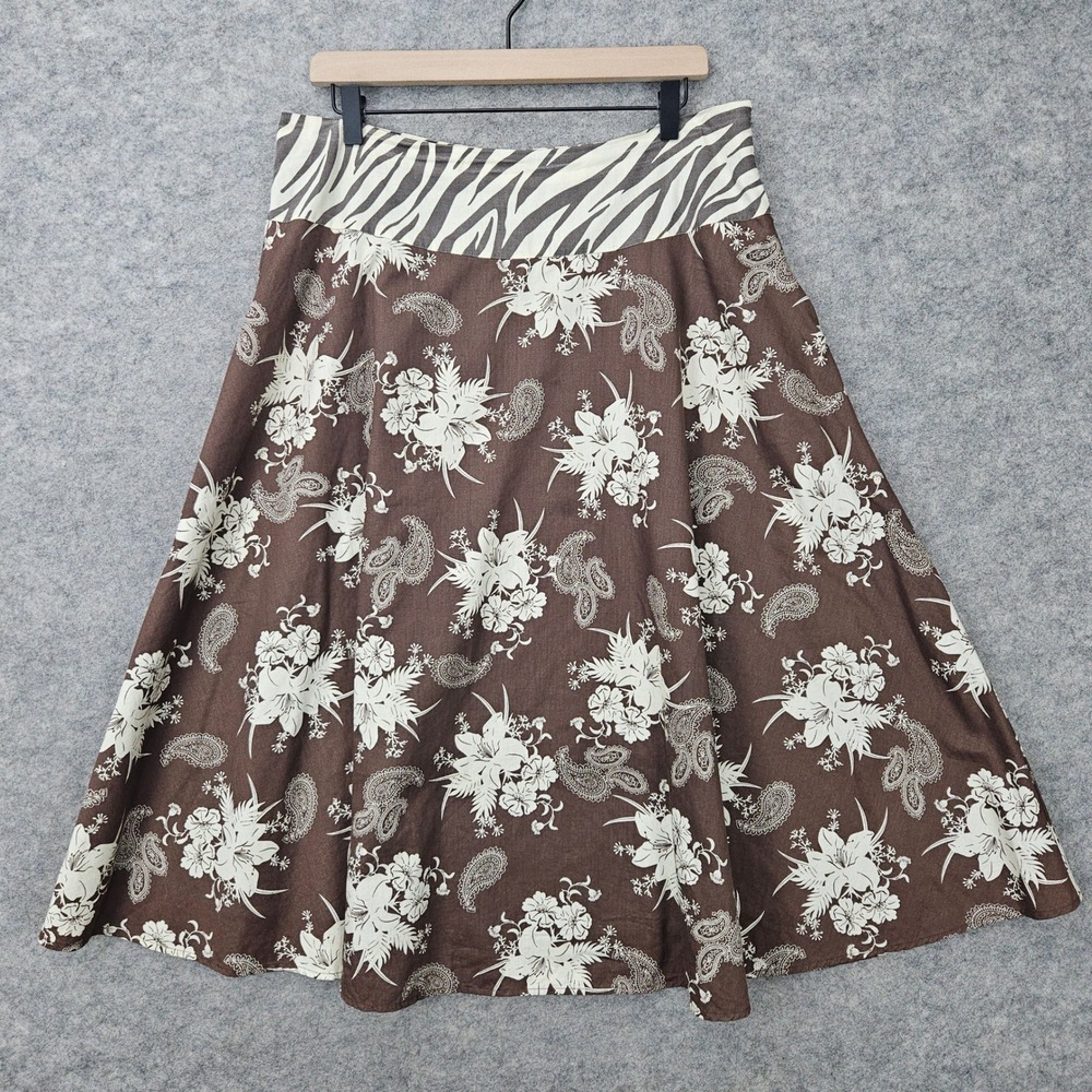 Richard Malcolm Midi Skirt Women's Brown 12 Floral Paisley Zebra Boho Cotton